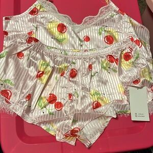 Pink Satin Deep V Pin Strips Cherry Lace Trim Crop Cami Top & Short Pajamas